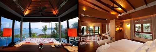 ▲쓰리판와리조트풀빌라내부(왼쪽)와와나칸리조트풀빌라내부전경