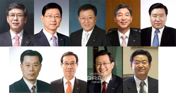 ▲하성민전략위원장(왼쪽상단),구자영글로벌성장위원장,김영태커뮤니케이션위원장,정철길윤리경영위원장,김재열동반성장위원장조대식SK주식회사사장(왼쪽하단),문덕규SK네트웍스사장,유정준SKE&S사장,백석현SK해운사장