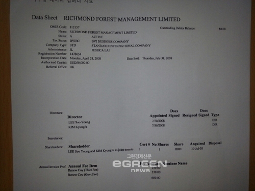 ▲이수영OCI회장부부의조세피난처페이퍼컴퍼니설립자료.