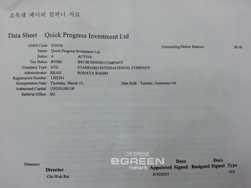 ▲조욱래DSDL회장부자의조세피난처페이퍼컴퍼니자료.