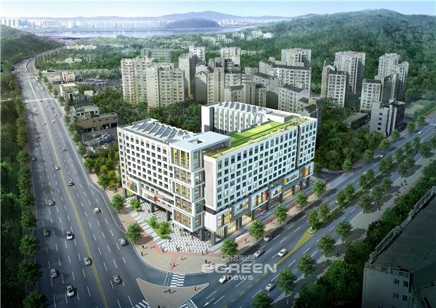 ▲한화건설이상암오벨리스크2차태양광모듈에바람개비디자인패턴을적용해눈길을끌고있다.