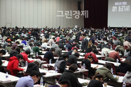 ▲이랜드그룹이지난4월13일경기도고양시일산킨텍스제2전시장에서3000여명의입사지원자들을대상으로직무적성검사를진행하고있다.