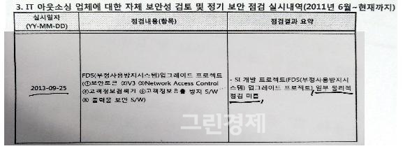 ▲KB국민카드이금융감독원회제출한IT아웃소싱업체에대한자체보안성검토및정기보안점검실시내역사본.