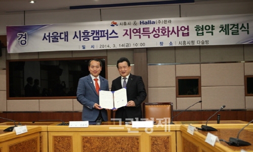 ▲최병수(우측)한라사장과김윤식시흥시장은14일경기도시흥시청에서‘시흥군자배곧신도시특별계획구역지역특성화사업’에대한사업협약을체결했다.[자료제공=한라]