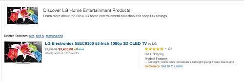 ▲아마존에서약360만원으로판매중인55인치곡면LG전자OLEDTV.제공=아마존