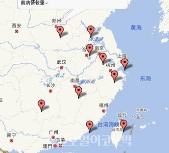▲지난2013년3월이래중국과대만등지에서H7N9조류독감감염이나사망등피해가비교적컸던지역을표시한지도다.