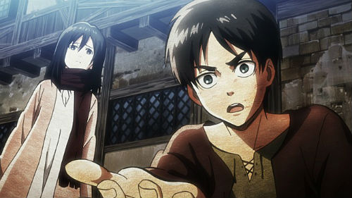 ▲'엘런예거'(오)와그옆에서있는'‘미카사아커만'(왼)./사진='진격의거인:홍련의화살'스틸컷