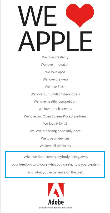 ▲어도비가애플에게플래시탑재를거절당하고난뒤잡스의발표를비아냥대기위해다음과같은광고를냈다.