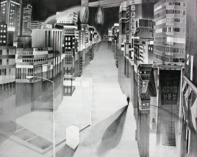 이여운, 도시-잔상, 185x150cm, 한지에 채색, 2005