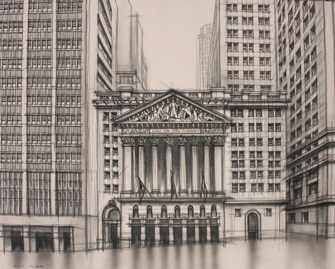 이여운, New York Wall Street_2, 73x97cm, 천에 수묵, 2013