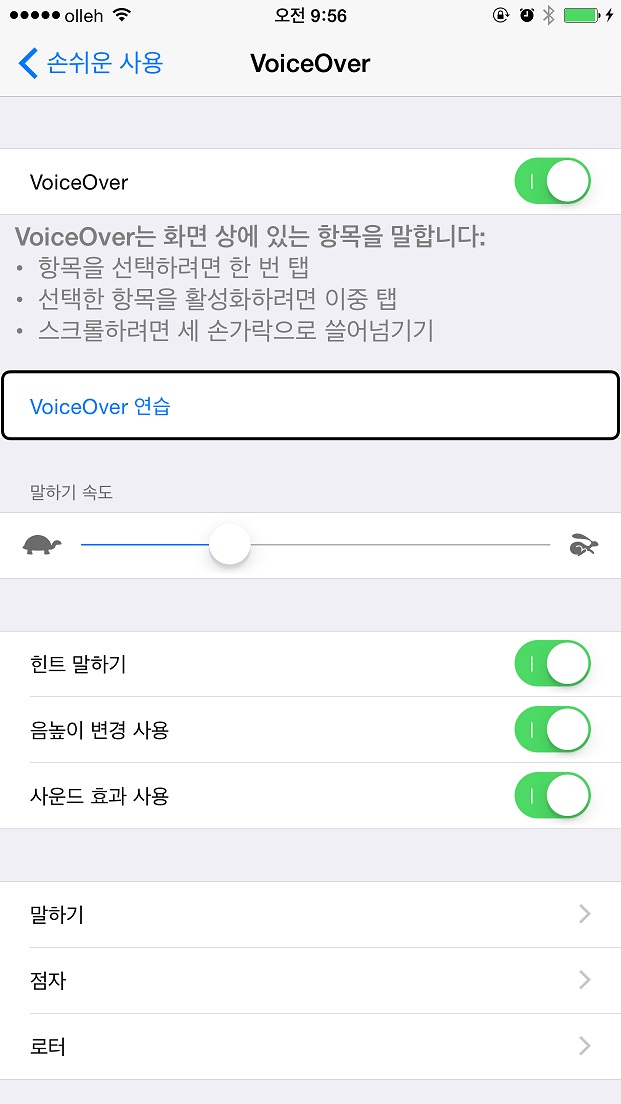 보이스오버 기능을 실행하면 아이폰내 모든 화면에서 화면을 클릭시 현재 상황을 말로 설명해준다 