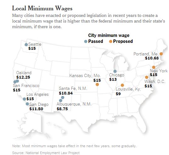 미국의 지역별 최저임금./표=뉴욕 타임스. 