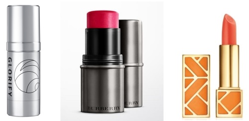 글로리파이 안티에이징 파운데이션-노에사(좌), 프레시 글로우 블러쉬 핑크 피오니-버버리(가운데),<br />
립 컬러 프리티 메이비-토리 버치 (우)