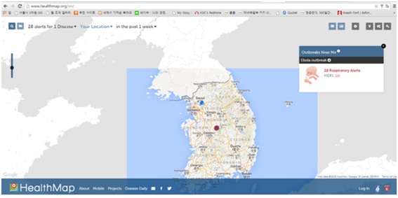 메르스 환자의 발생을 실시간으로 알려주는 헬스맵. 출처 : http://www.healthmap.org/en/