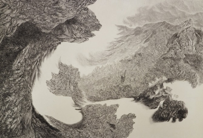 조인호, 見性 - 구름다리에서 천황봉, 190x130cm, 순지에 수묵, 2010