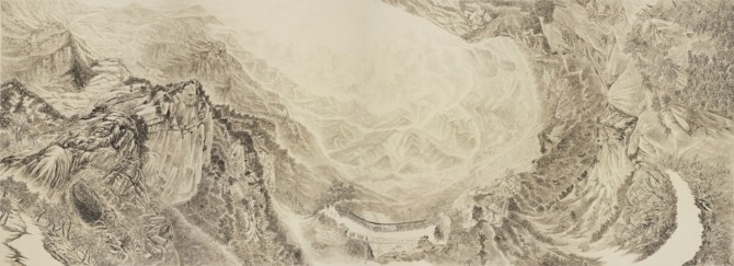 조인호, 해후-불암산과 수락산, 190x520cm, 순지에 수묵, 2008
