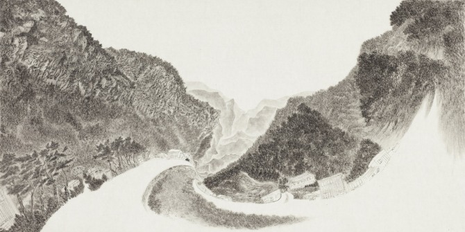 조인호, 휘어진 산수-울릉도, 성하신당, 65 x 130cm, 순지에 수묵, 2009