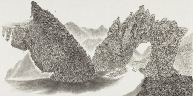 조인호, 휘어진 산수-울릉도01, 65 x 130cm, 순지에 수묵, 2009