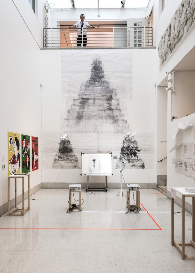 권민호_Neo Tower of Babel_pencil, charcoal, architectural reprographic, moving image projection_1000X1000cm_2013