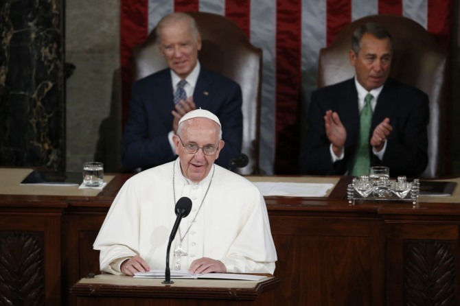 프란치스코 교황이 24일 미 상하원 합동회의에서 교황으로는 처음으로 연설하고 있다. 사진=뉴시스