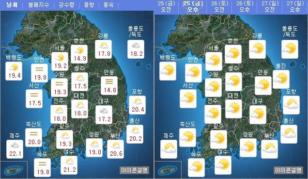 오늘(25일) 오전 오후 날씨 / 사진=기상청 홈페이지 캡처