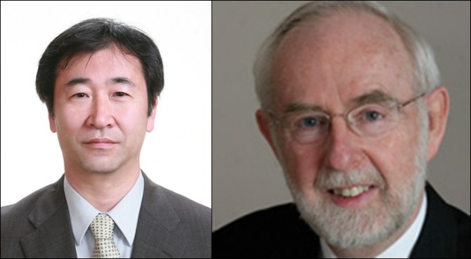 6일 노벨물리학상을 수상한 일본의 가지타 다카아키(왼쪽)와 캐나다의 아서 맥도널드 박사.