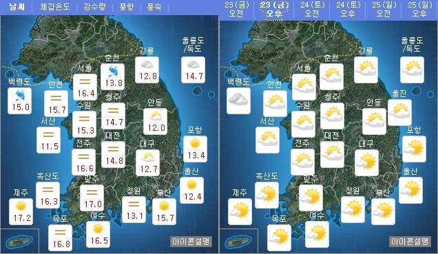 오늘(23일) 오전 오후 날씨 / 사진=기상청 홈페이지 캡처