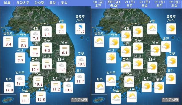 오늘(20일) 오전 오후 날씨 / 사진=기상청 홈페이지 캡처