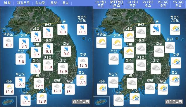 오늘(23일) 오전 오후 날씨 / 사진=기상청 홈페이지 캡처