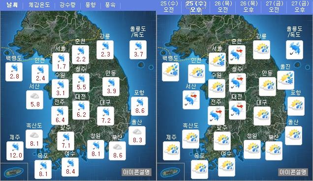 오늘(25일) 오전 오후 날씨 / 사진=기상청 홈페이지 캡처