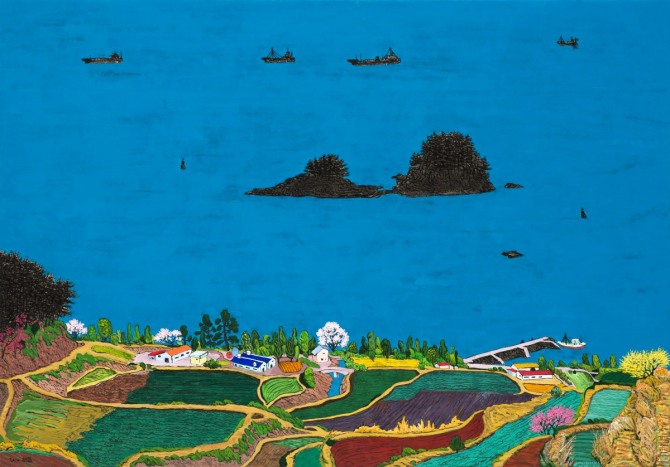 이현열 작 '남해 물들다1', 70×100cm, 한지에 수묵채색, 2014