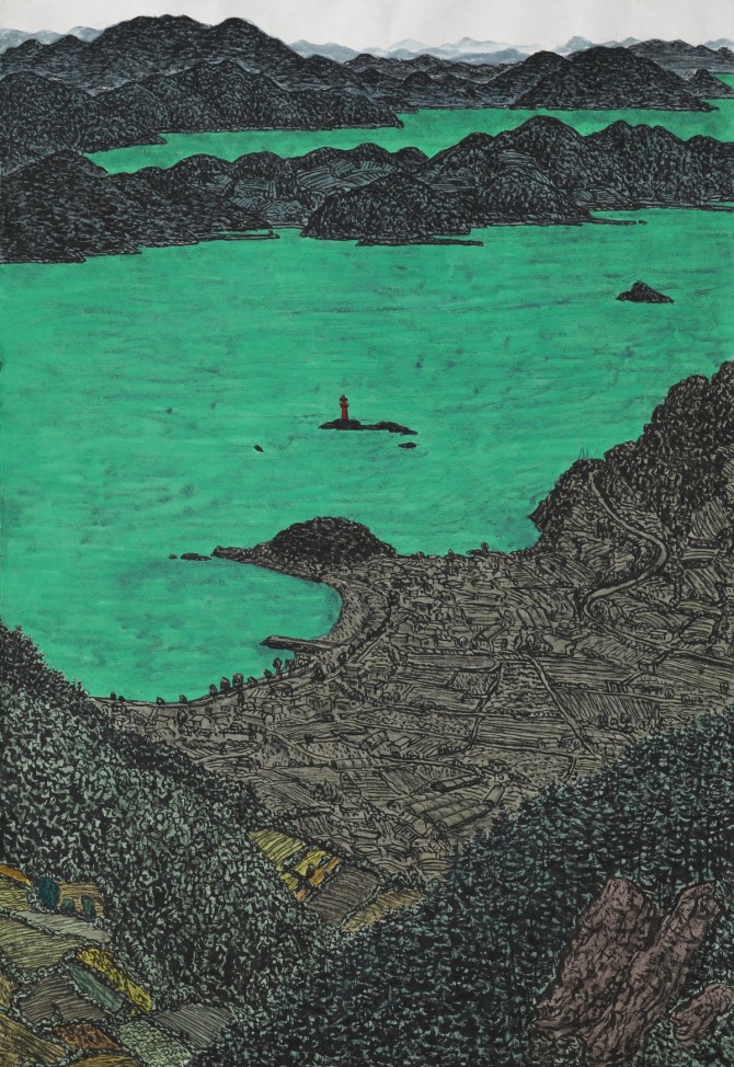 이현열 작 '해가지는 여수', 110×80cm, 한지에 수묵채색, 2015