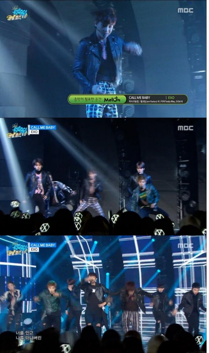 그룹 엑소가 26일 MBC '쇼 음악중심' 연말결산에 출연해  정규 2집 타이틀 곡 '콜 미 베이비'로 무대를 꾸몄다./사진=MBC 방송 캡처