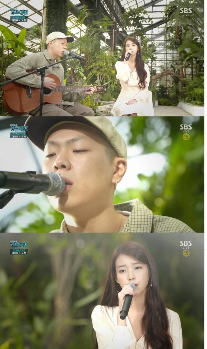 가수 아이유와 '혁오밴드'의 리드보컬 오혁이 27일 SBS  '2015 SAF가요대전'서  환상적인 하모니를 선사했다./사진=SBS방송 캡쳐