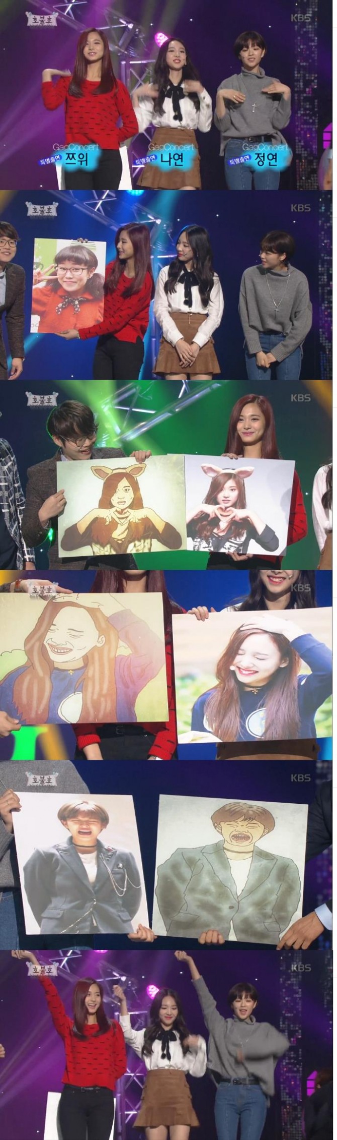 그룹 트와이스의 멤버 쯔위·나연·정연이 3일 밤 KBS '개그콘서트-호불호'에 출연해 큰 호응을 얻었다./사진=KBS방송 캡처