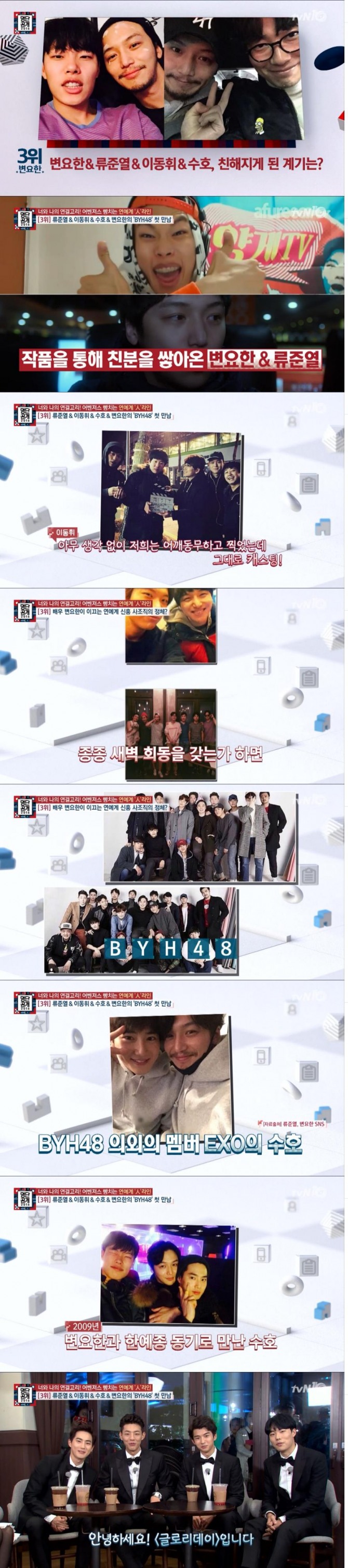 1일 방송된 tvN '명단공개2016'에는 변요한이 화려한 인맥을 자랑하는 연예인 3위에 올라 화제가 되고 있다. 변요한은 류준열, 이동휘, 엑소의 수호와 끈끈한 우정을 이어와 이들 네 사람을 소위 'BYH48' 즉 '변요한 사단'이라고 부른다./사진=tvN 방송 캡처