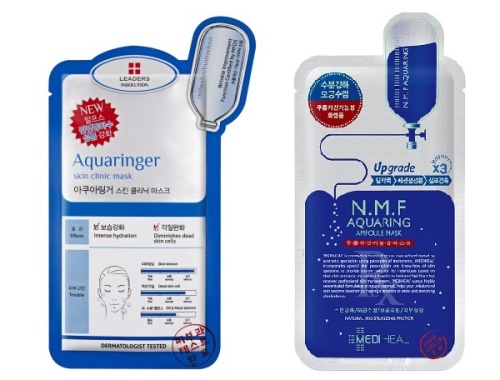 산성앨엔에스 리더스코스메틱의 '인솔루션 아쿠아링거 스킨클리닉 마스크'(좌), 메디힐의 'N.M.F 아쿠아링 앰플 마스크'(우)