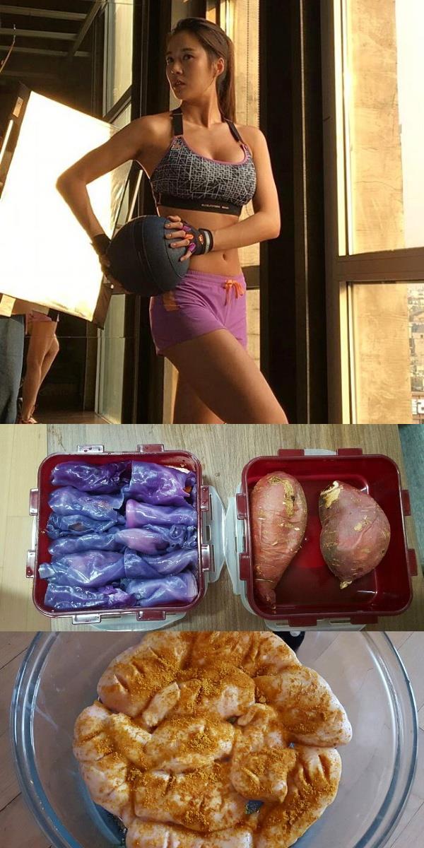 레이양의 다이어트 도시락은 닭가슴살 2 조각, 고구마 2개, 양배추 1/4개로 알려졌다./사진=인스타그램 캡처