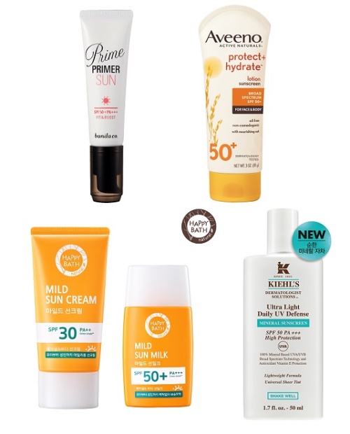 (좌측 상단에서 시계방향으로) 바닐라코 '프라임 프라이머 선', 아비노 '프로텍트+하이드레이트 선 스크린 로션 브로드 스펙트럼', 키엘 '미네랄 자외선 차단제', 해피바스 '마일드 선케어 2종'