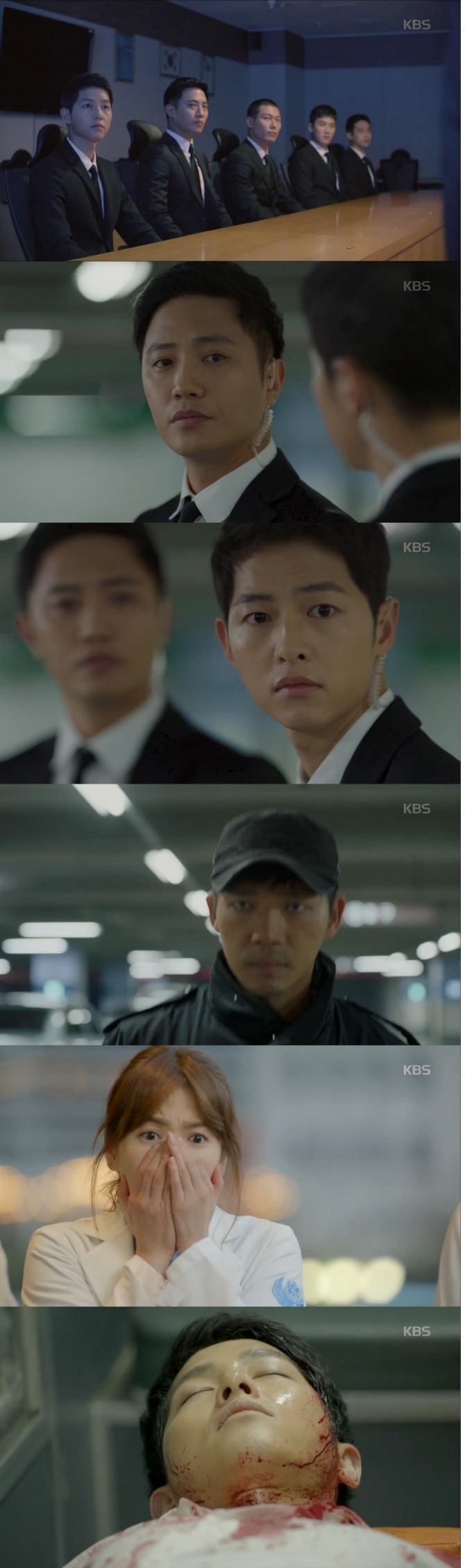 6일 방송된 KBS2 수목드라마 '태양의 후예' 13화에서 경호 리허설을 맡고 있던 유시진(송중기)이 치명적인 총상을 입었다./사진=KBS2 방송 캡처