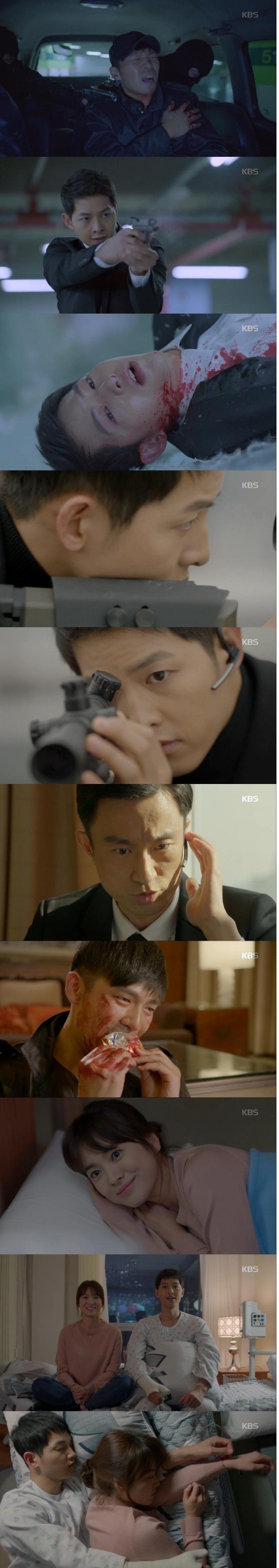 7일밤 방송된 KBS2 수목극 '태양의 후예'에서 유시진(송중기)은 북한군 안정준(지승현) 상위를 구하려다 총상을 입었고, 그를 보호하며 남북고위급 회담을 성사시키는 임무를 마쳤다./사진=KBS 방송 캡처