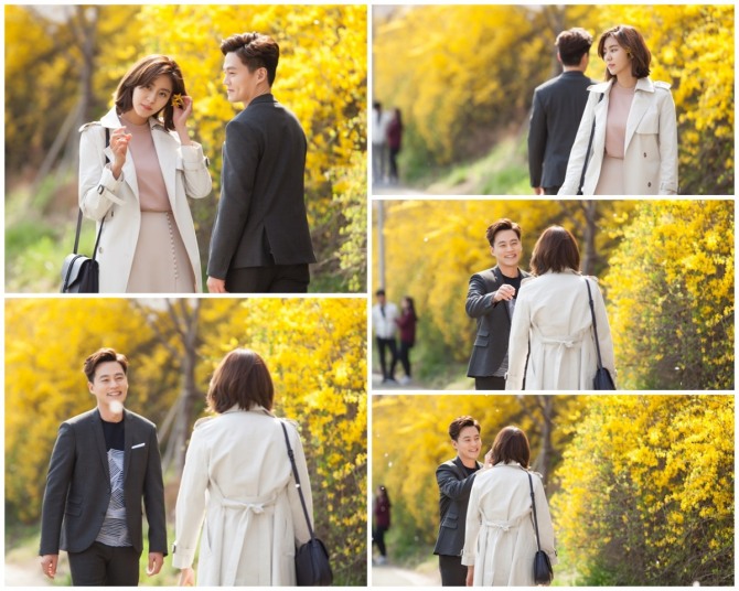 MBC는  주말드라마 '결혼계약'에서 연인으로 등장하는 이서진과 유이가 개나리 꽃길에서 데이트하는  비하인드 컷을 8일 공개했다./사진=팬엔터테인먼트 제공