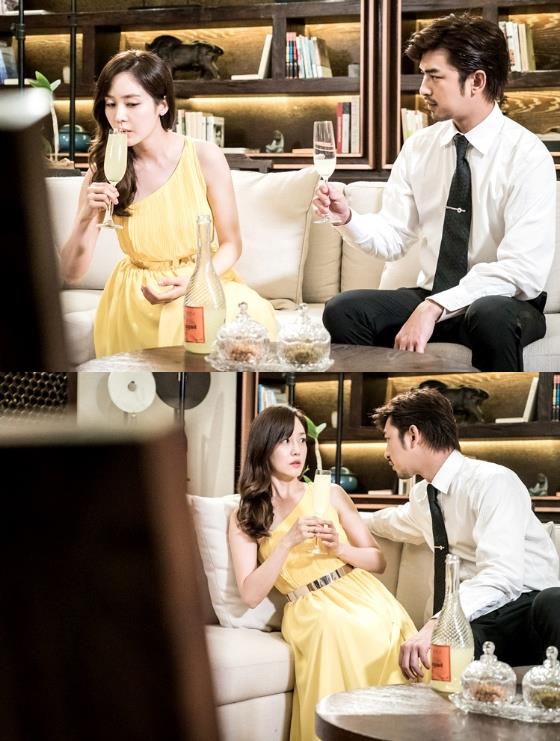 12일 밤 방송되는 MBC 월화드라마 '몬스터'에서는 오수연 역의 성유리가 여신을 연상시키는 드레스를 입고 마이클 창 역의 진백림과 은밀한 만남을 가질 예정이다./사진=MBC 제공