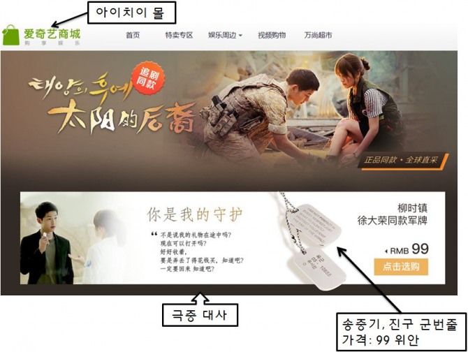 ‘태양의 후예’ 관련 상품 판매 중인 아이치이몰