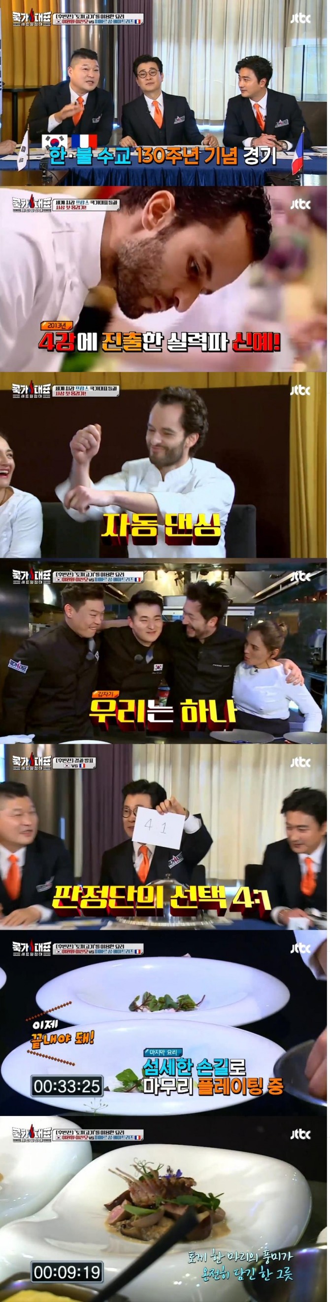 27일 밤 방송된 JTBC '쿡가대표'에서는 한중수교 130주년을 맞아 프랑스 팀과 한국팀의 요리 대결이 홈그라운드에서 펼쳐졌다. 사진=JTBC 방송 캡처