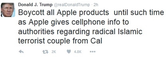 도널드 트럼프가 보낸 트윗. 과격 이슬람 테러리스트에 대한 휴대폰 정보를 당국에 넘길때가지 모든 애플 제품을 보이콧하라는 내용으로 돼 있다. /사진=트럼트 트윗