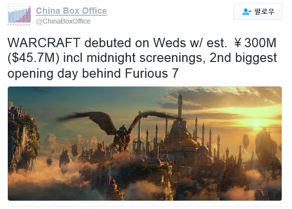 중국 박스오피스에 공개된 워크래프트 오프닝 스코어 /트위터