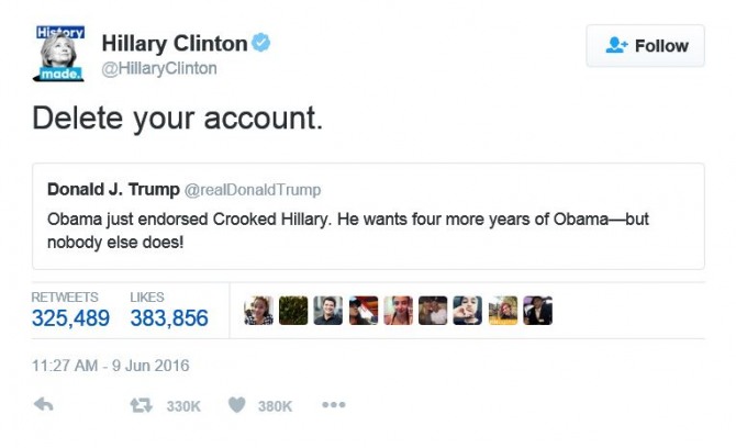 힐러리 클린턴 전 국무장관이 9일 트위터에서 트럼프를 겨냥해 당신의 트위터 계정을 없애라고 밝힌 트윗글. / 힐러리 트위터