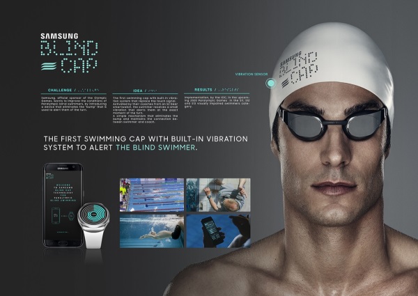 기어 S2와 블루투스로 연결된 수영모를 통해, 턴을 해야 할 시점에 코치가 신호를 주면 수영모가 진동해 시각장애 선수가 바로 회전할 수 있도록 해주는 ‘블라인드 캡(Blind Cap)’ / 사진=삼성전자