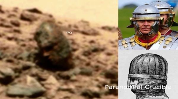 패러노블 크루서블이 화성에서 발견된 로마군 모양의 두상 바위와 로마군의 모습을 비교한 사진. 사진=나사,패러노블 크루서블 